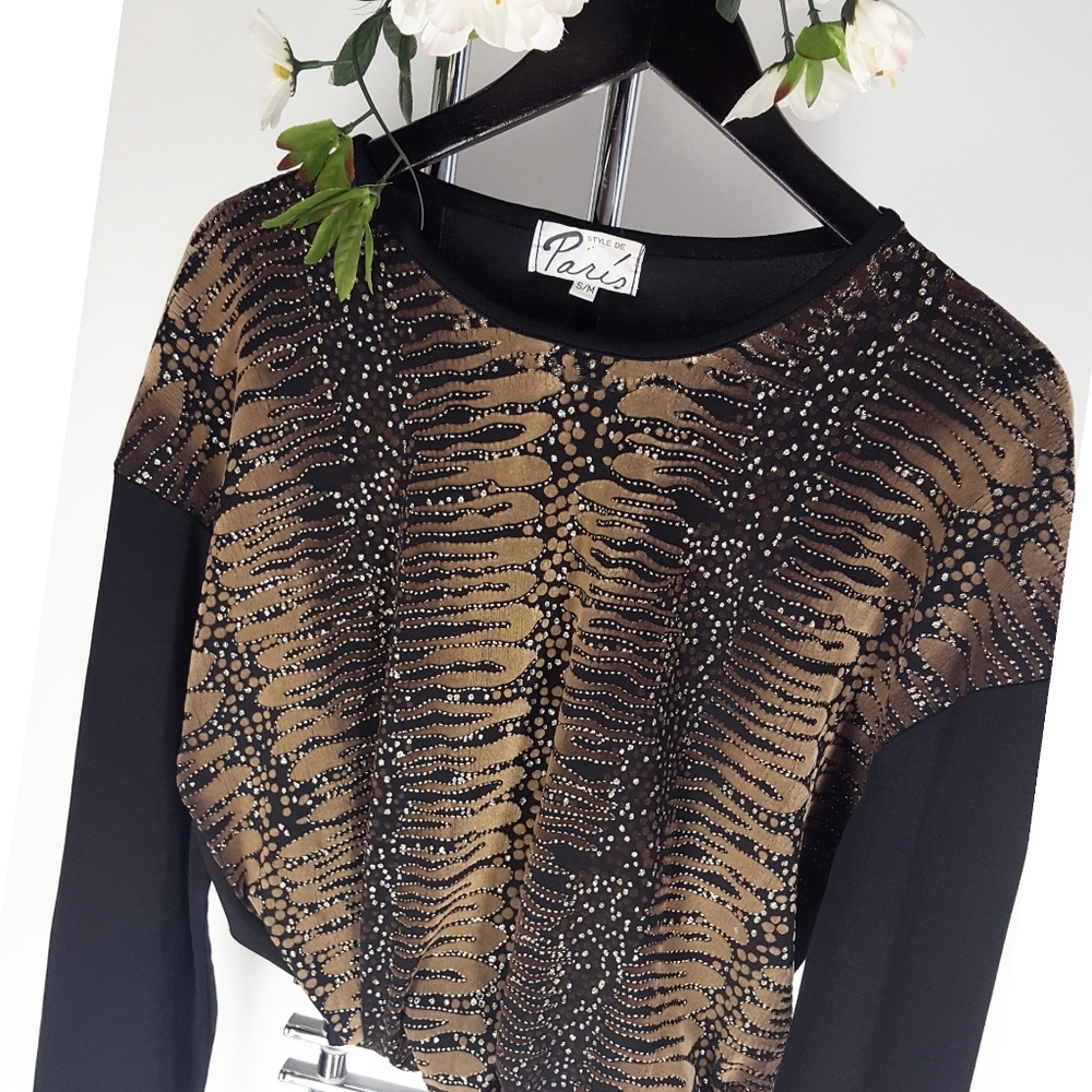 Paris🍂Vtg Velvet Brown-Black Animal Pattern Long Sleeves Top